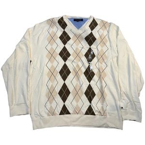 Men’s Tommy Hilfiger Cotton V-Neck Sweater Cream Brown Prep Argyle Academia XXL